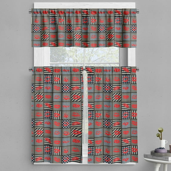 Ambesonne Colorful Valance & Curtain, Woman Kisses Lipstick Art, 55"x36", Black and Red