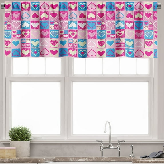 Ambesonne Colorful Valance Pack of 2, Hearts in Square Shape, 54"X12", Blue Ivory Pink