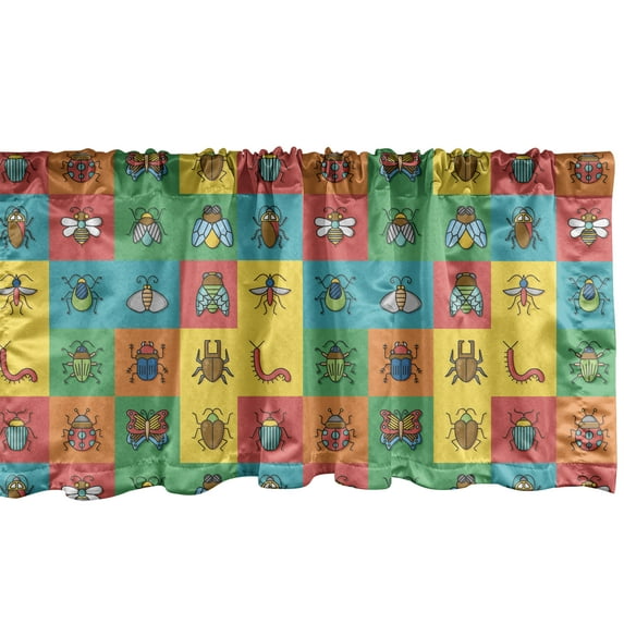 Ambesonne Colorful Window Valance, Cartoon Bugs in Square, 54" X 18", Multicolor