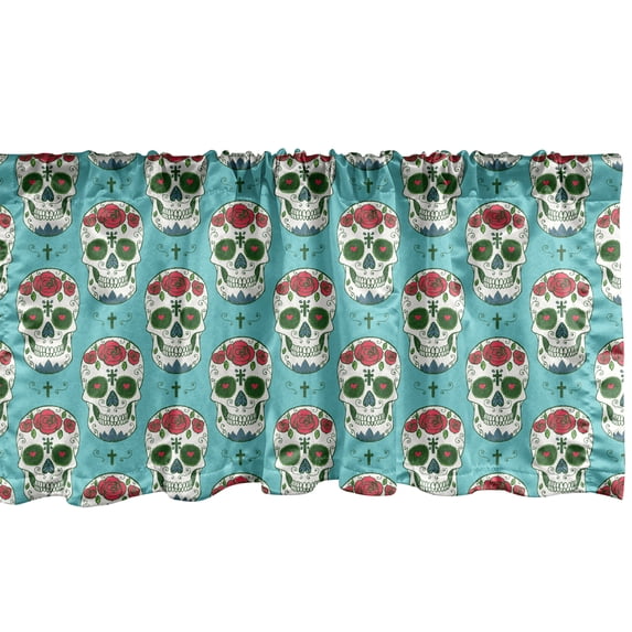 Ambesonne Colorful Window Valance, Roses on Skull Pattern, 54" X 18", Seafoam Green and Ruby