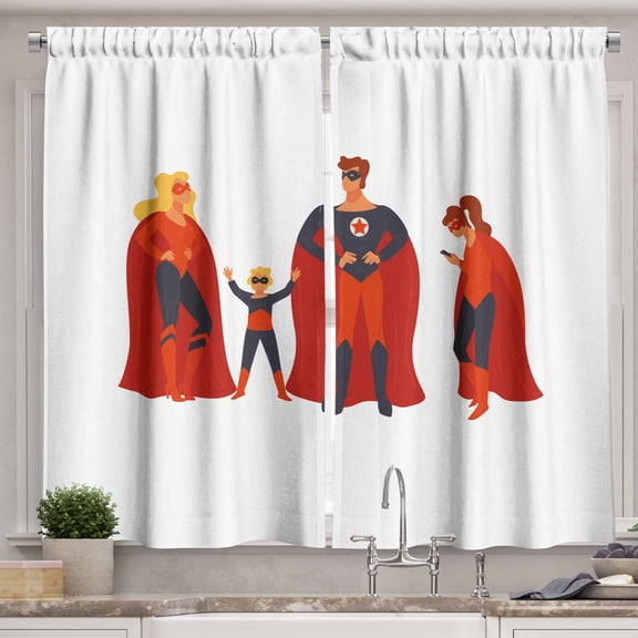Ambesonne Comic Kitchen Curtains, Digital Funny Family Print, 55"x30", Dark Slate Blue