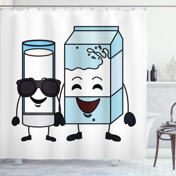 Ambesonne Comic Shower Curtain, Kawaii Milk Box and Glass, 69"Wx84"L, Baby Blue Dark Grey White