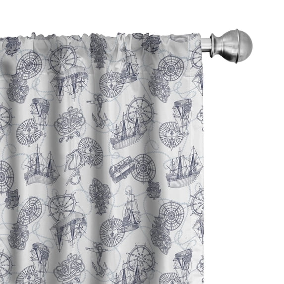 Ambesonne Compass Window Curtains, Sailing Boat Pattern, Each 28" W x 63" L, Black Bluegrey White