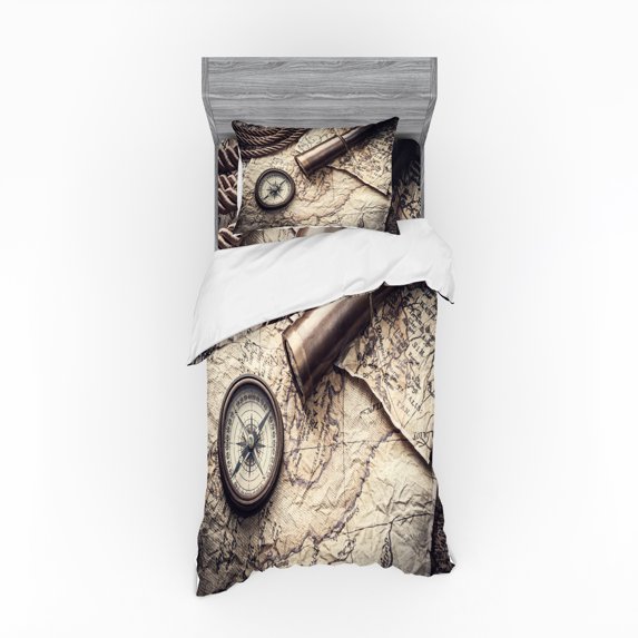 Ambesonne Compass Bedding Set 3 Pcs, Nostalgic Maritime Tools, Twin, Taupe Beige