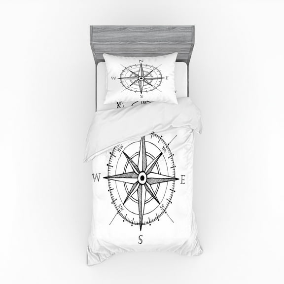 Ambesonne Compass Bedding Set 3 Pcs, Windrose Directions, Twin XL, Black White
