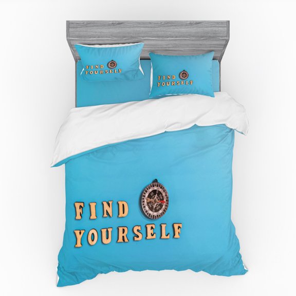 Ambesonne Compass Bedding Set 4 Pcs, Find Yourself Text and Tool, Queen, Deep Sky Blue Peach