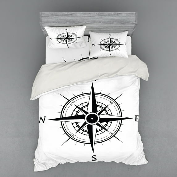 Ambesonne Compass Bedding Set 4 Pcs, Navigation Tech Travel, Queen, Black White