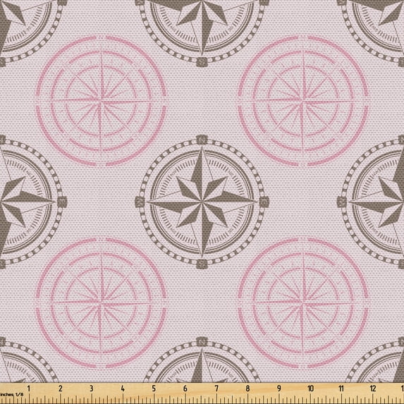 Ambesonne Compass Fabric by the Yard Upholstery, Windroses Pattern, 2 Yards, Pale Mauve Pale Pink