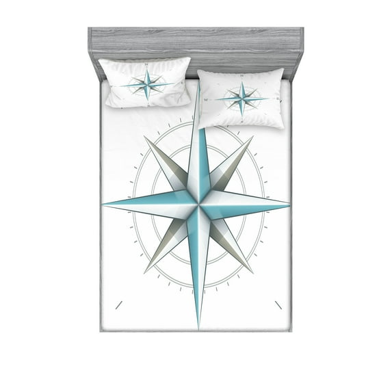 Ambesonne Compass Fitted Sheet & Pillow Sham Set, Antique Wind Rose, Queen, Teal and Dimgray