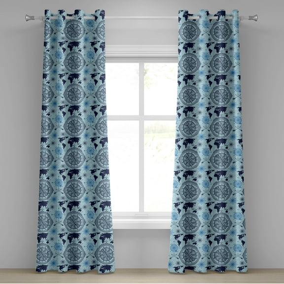 Ambesonne Compass Grommet Curtain, World Map Arrow Pattern, 50" x 84", Pale Blue Indigo