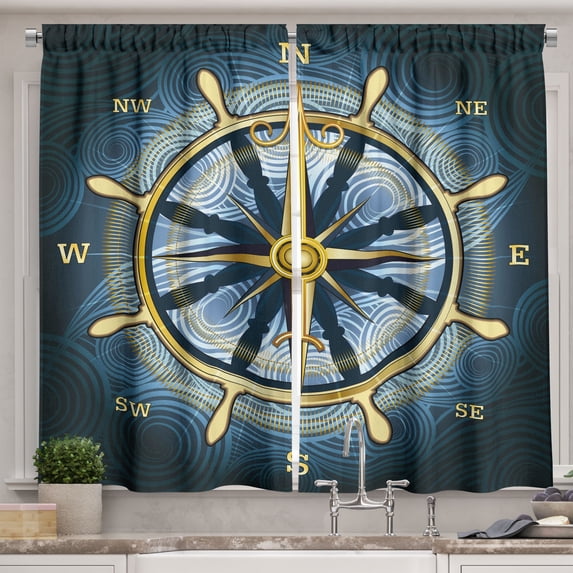 Ambesonne Compass Kitchen Curtains, Yellow Navigation, 55"x39", Yellow Navy Blue