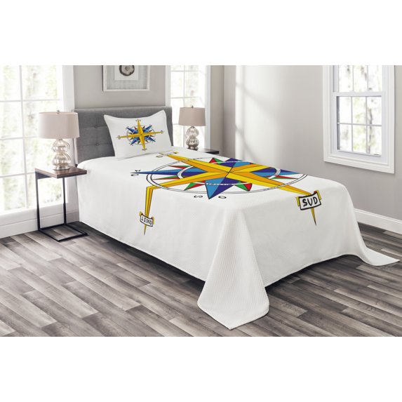 Ambesonne Compass Quilted Bedspread Set 2 Pcs, Colorful Marine Life, Twin Size, Yellow Night Blue