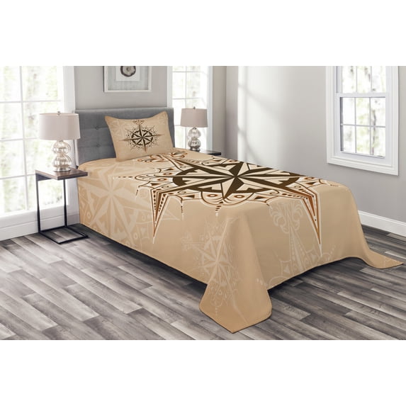 Ambesonne Compass Quilted Bedspread Set 2 Pcs, Sailing Theme, Twin Size, Brown Pale Brown