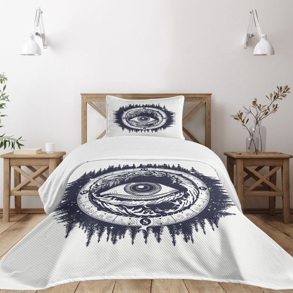 Ambesonne Compass Quilted Bedspread Set 2 Pcs, Style Eye Occult, Twin Size, Dark Blue and White