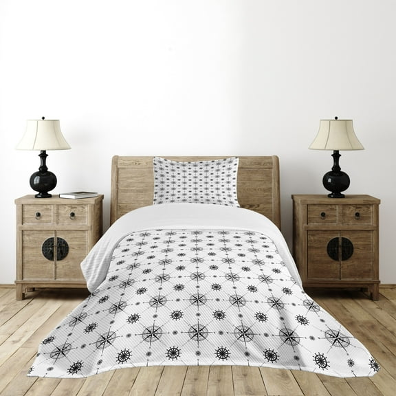 Ambesonne Compass Quilted Bedspread Set 2 Pcs, Windrose and Helms, Twin Size, Black White