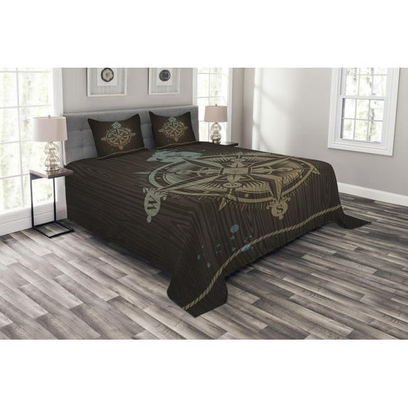 Ambesonne Compass Quilted Bedspread Set 3 Pcs, Boating Ship, King Size, Tan Brown