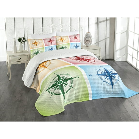 Ambesonne Compass Quilted Bedspread Set 3 Pcs, Colorful Windroses, King Size, Multicolor