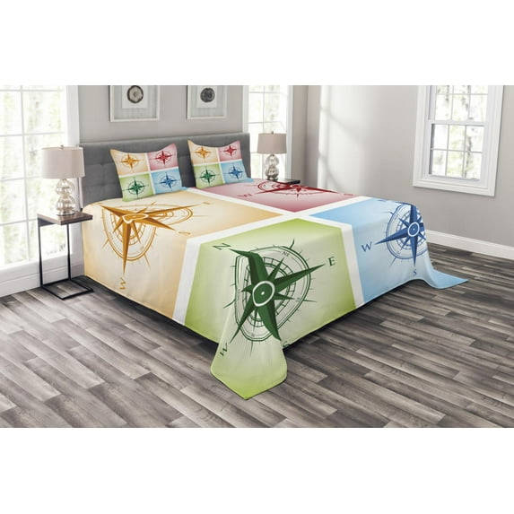Ambesonne Compass Quilted Bedspread Set 3 Pcs, Colorful Windroses, Queen Size, Multicolor