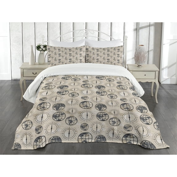 Ambesonne Compass Quilted Bedspread Set 3 Pcs, Continents Pattern, Queen Size, Black Grey Tan