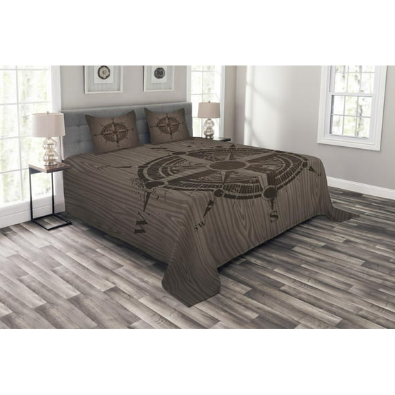 Ambesonne Compass Quilted Bedspread Set 3 Pcs, Drawing Style, King Size, Umber Dark Brown