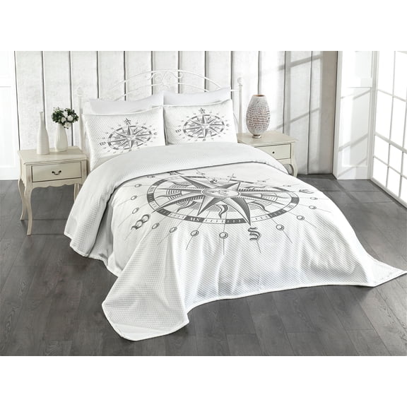 Ambesonne Compass Quilted Bedspread Set 3 Pcs, Face Sun Drawing Style, King Size, Grey