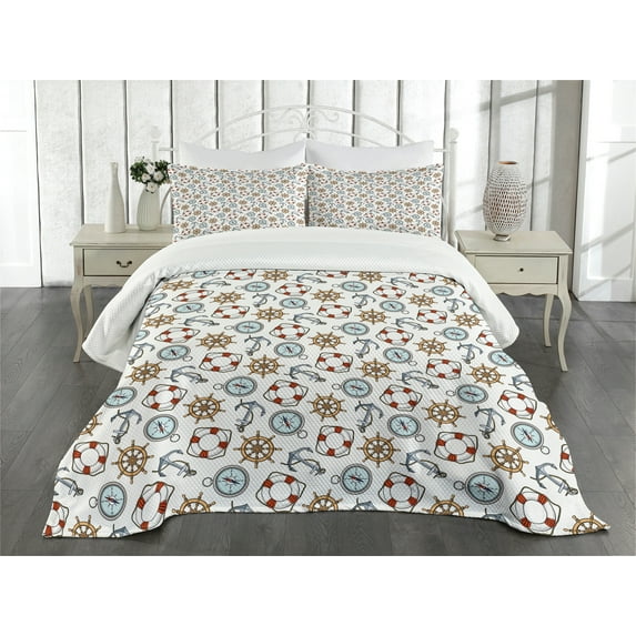 Ambesonne Compass Quilted Bedspread Set 3 Pcs, Helm Anchor, Queen Size, Multicolor