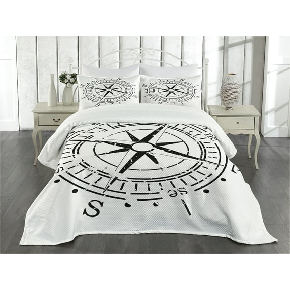 Ambesonne Compass Quilted Bedspread Set 3 Pcs, Monochrome Simplistic, Queen Size, Charcoal Grey and White