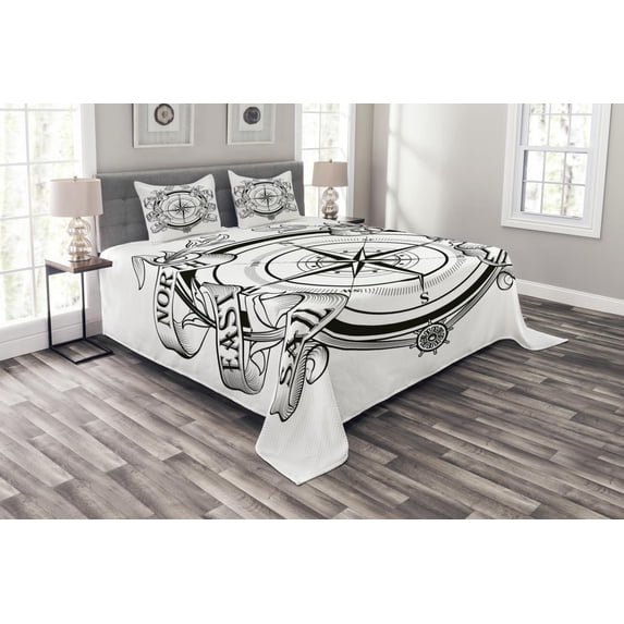 Ambesonne Compass Quilted Bedspread Set 3 Pcs, Navigation Device Sail, Queen Size, Black White