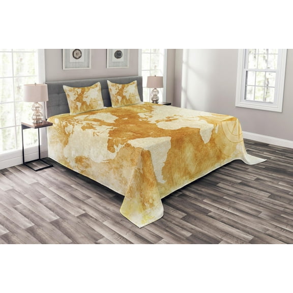 Ambesonne Compass Quilted Bedspread Set 3 Pcs, Old Fashioned World Map, Queen Size, Cream Tan