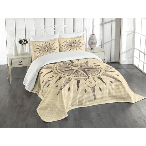 Ambesonne Compass Quilted Bedspread Set 3 Pcs, Sea Exploration Theme, Queen Size, Tan Taupe
