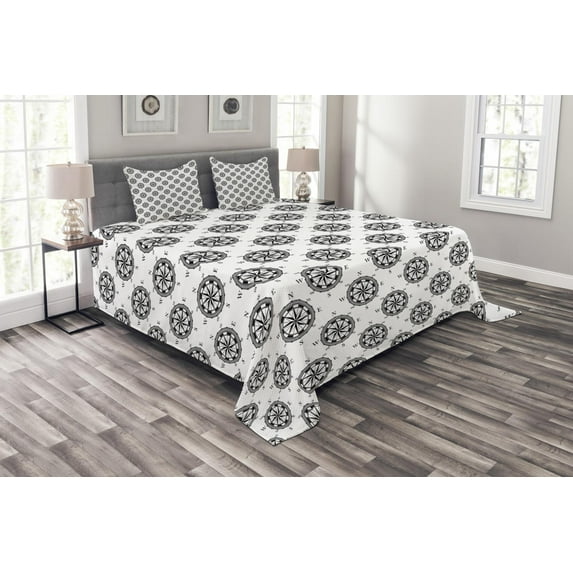 Ambesonne Compass Quilted Bedspread Set 3 Pcs, Vintage Exploration, Queen Size, Black White