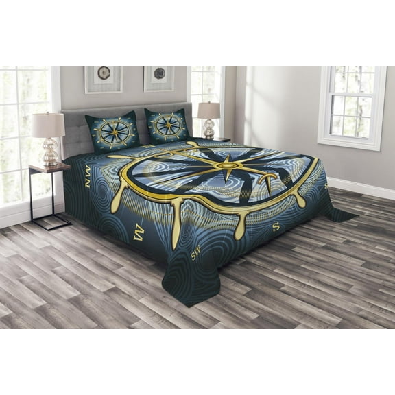Ambesonne Compass Quilted Bedspread Set 3 Pcs, Yellow Navigation, King Size, Yellow Navy Blue