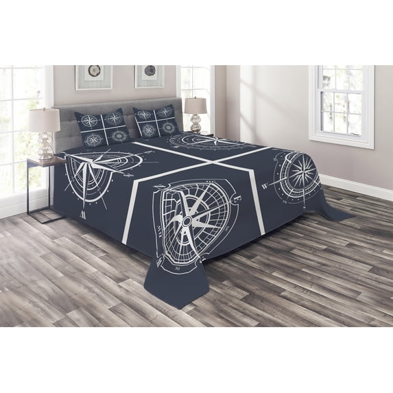 Ambesonne Compass Quilted Coverlet 3 Pcs, White Compass Design, King Size, Navy Blue and White