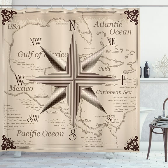 Ambesonne Compass Shower Curtain, Central America Map, 69"Wx84"L, Lilac Plum