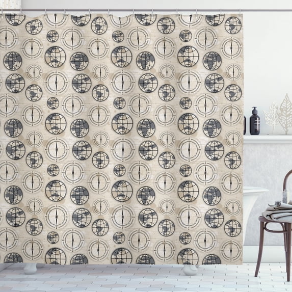 Ambesonne Compass Shower Curtain, Continents Pattern, 69"Wx84"L, Black Grey Tan