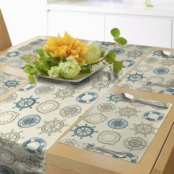 Ambesonne Compass Table Runner & Placemats, Marine Inspired Retro, Placemat 4 pcs + Runner 12"x72", Beige Teal