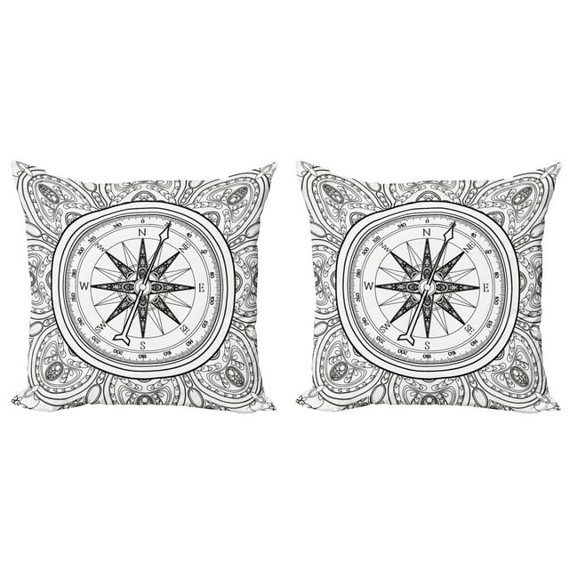 Ambesonne Compass Throw Pillow Cover 2 Pack, Windrose Line Art Style, 18", Black White