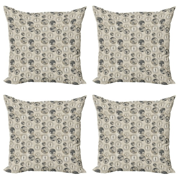 Ambesonne Compass Throw Pillow Cover 4 Pack, Continents Pattern, 18", Black Grey Tan