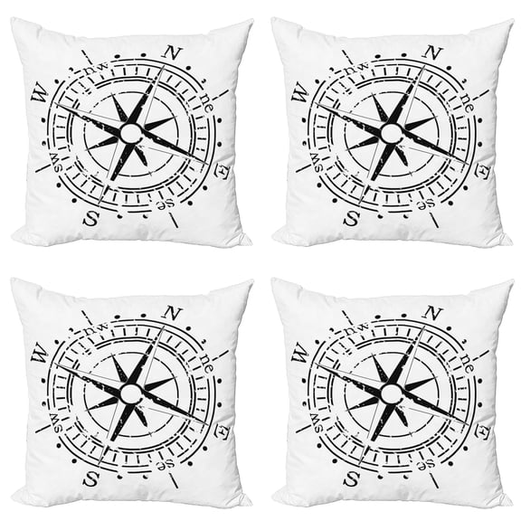 Ambesonne Compass Throw Pillow Cover 4 Pack, Monochrome Simplistic, 16", Charcoal Grey and White