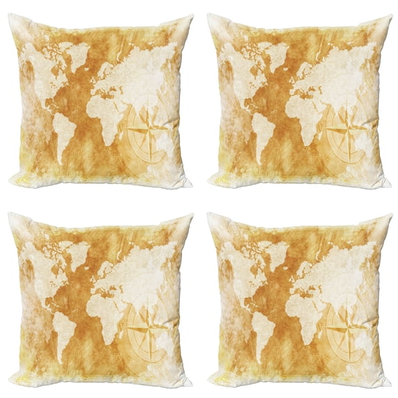Ambesonne Compass Throw Pillow Cover 4 Pack, Old Fashioned World Map, 24", Cream Tan