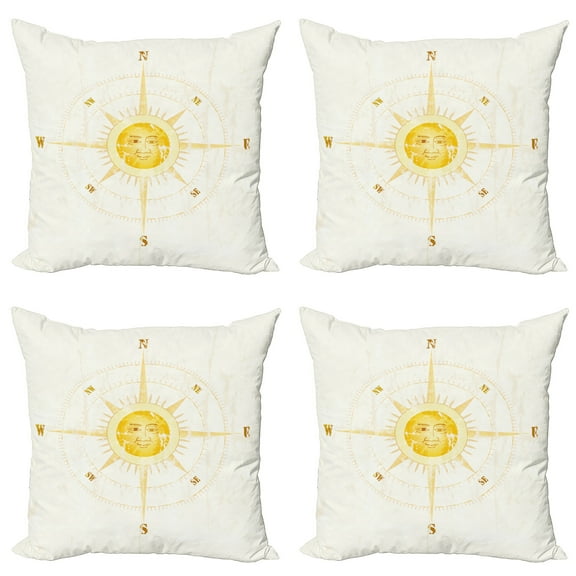 Ambesonne Compass Throw Pillow Cover 4 Pack, Vintage Sailing Device, 20", Yellow