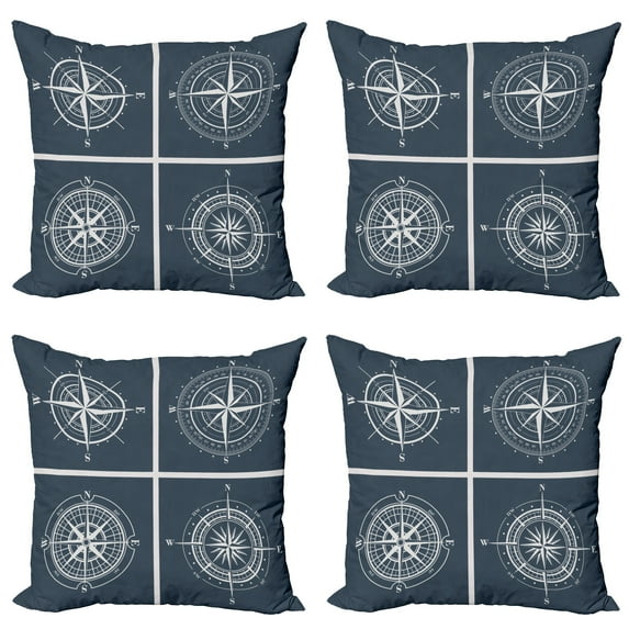 Ambesonne Compass Throw Pillow Cover 4 Pack, White Compass Design, 20", Navy Blue and White