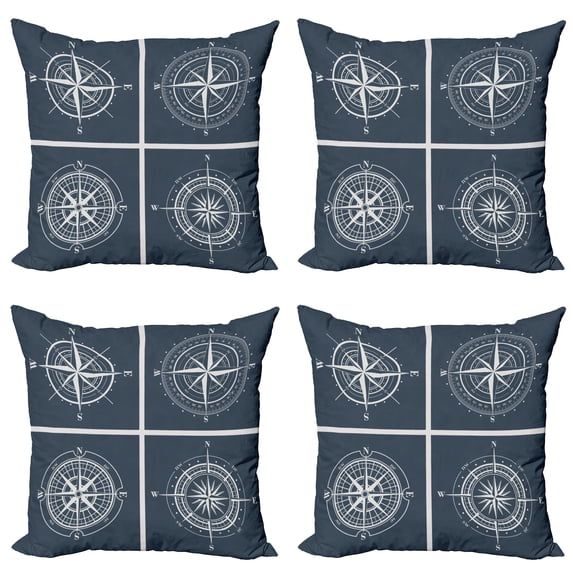 Ambesonne Compass Throw Pillow Cover 4 Pack, White Compass Design, 24", Navy Blue and White