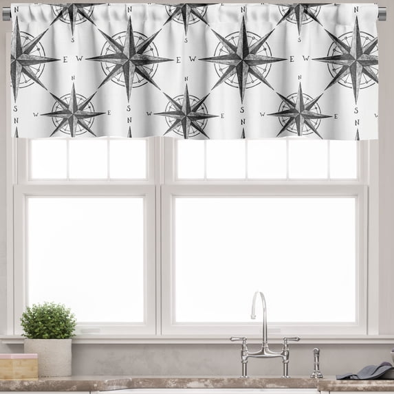 Ambesonne Compass Valance Pack of 2, Monochrome Windrose, 54"X18", Black White