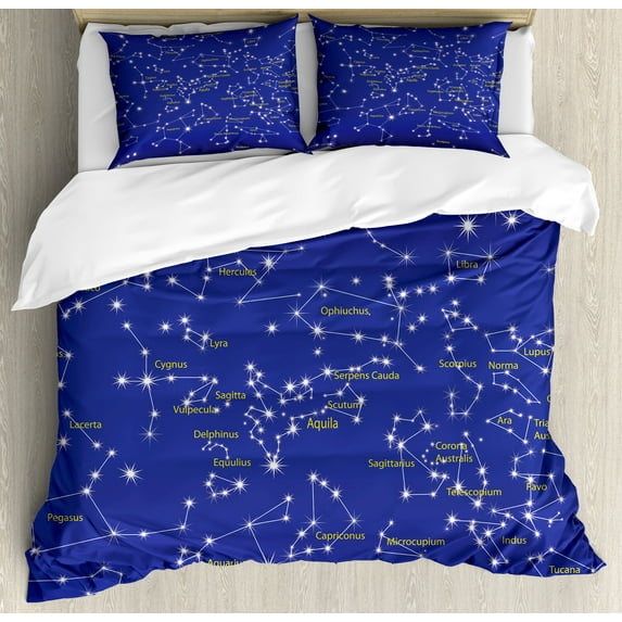 Ambesonne Constellation Duvet Cover Set, Names of Stars, 2-Calking, Pale Yellow Violet Blue