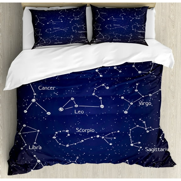 Ambesonne Constellation Duvet Cover Set, Zodiac Doodle Art, Calking, Blue Dark Blue White