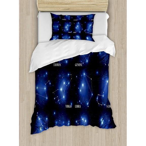 Ambesonne Constellation Duvet Cover Set, Zodiac Sign Set, Twin, Dark Blue Blue White
