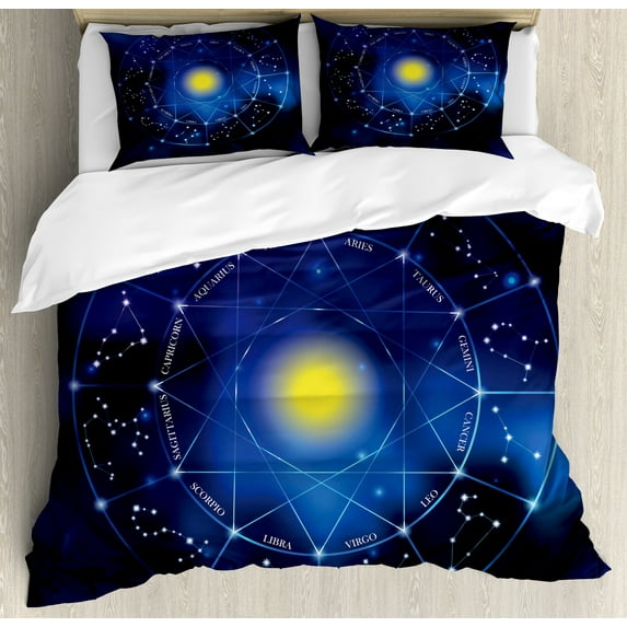 Ambesonne Constellation Duvet Cover Sets, Zodiac Circle Sun, 2-Queen, Pale Blue Indigo Yellow