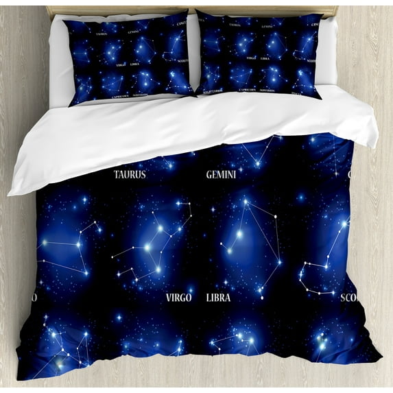 Ambesonne Constellation Duvet Cover Sets, Zodiac Sign Set, 2-King, Dark Blue Blue White
