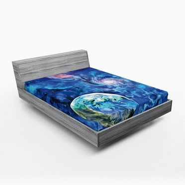 Ambesonne Constellation Fitted Sheet, Planet Space Art, Full Size, Turquoise Blue Pale Pink
